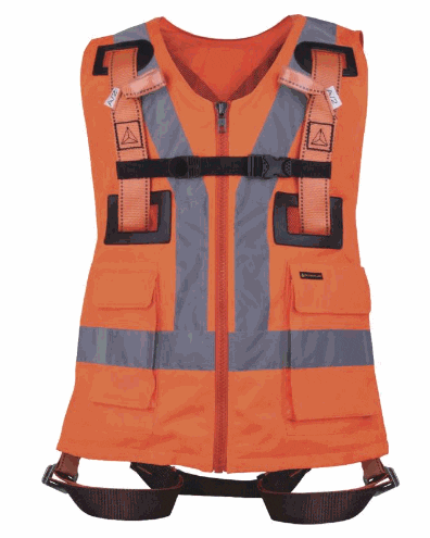 Tweepuntsharnas met gilet - oranje fluo, Harnais haute visibilité - 2 points d'accrochage
