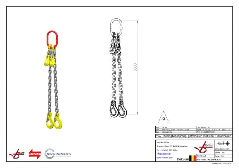 Ketting tweesprong : G80 Voorzien van haak met klep en inkorthaak, 3m Dia.8mm