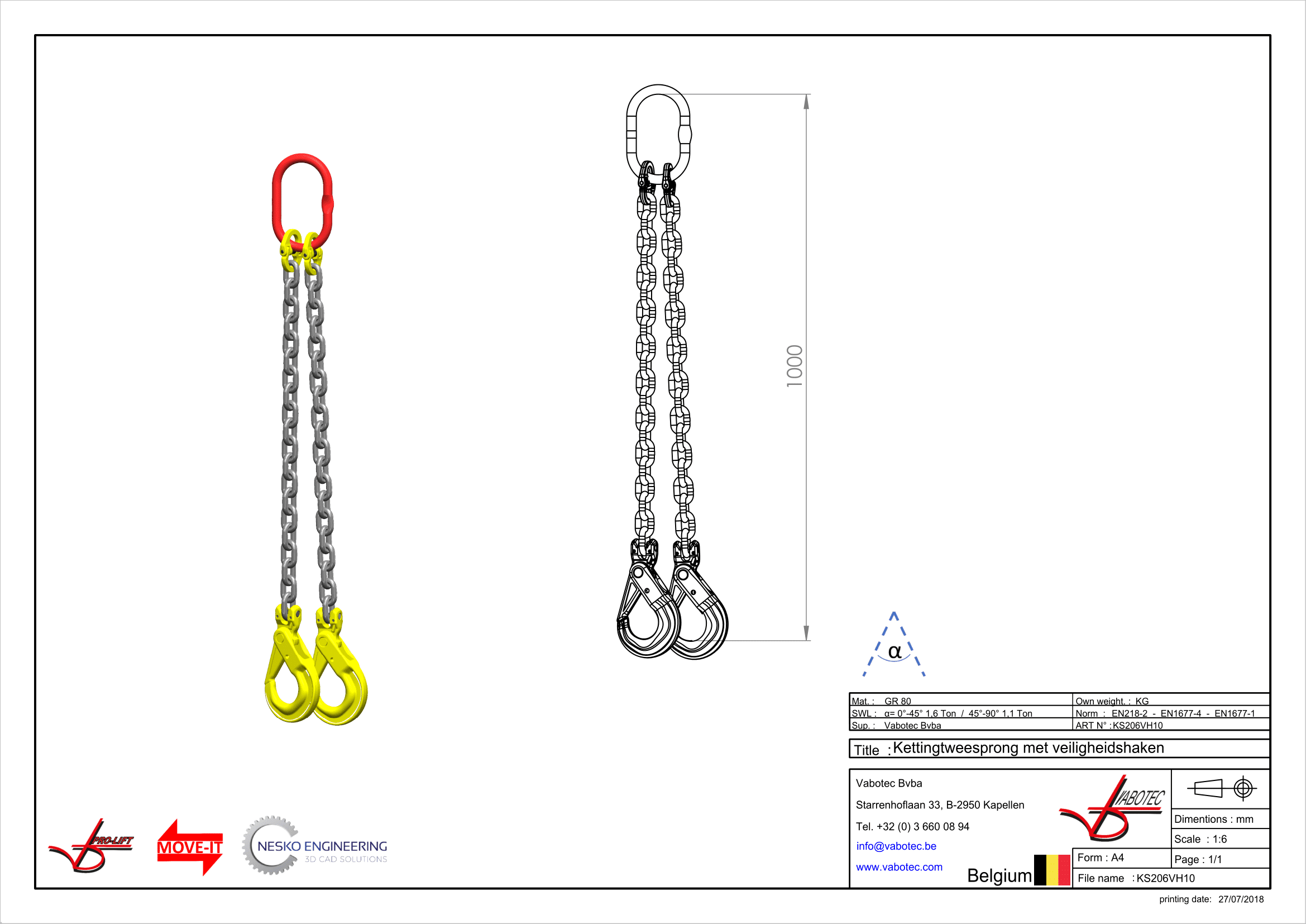 Ketting tweesprong : G80 Voorzien van zelfsluitende haak, veiligheidshaak, 1m Dia.6mm