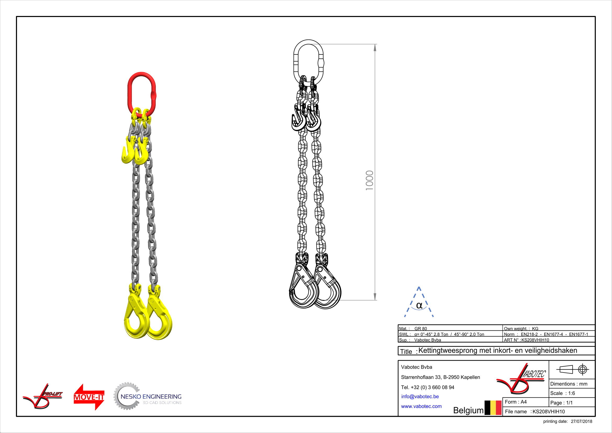 Ketting tweesprong : G80 Voorzien van zelfsluitende haak, veiligheidshaak en inkorthaak, 1m Dia.8mm