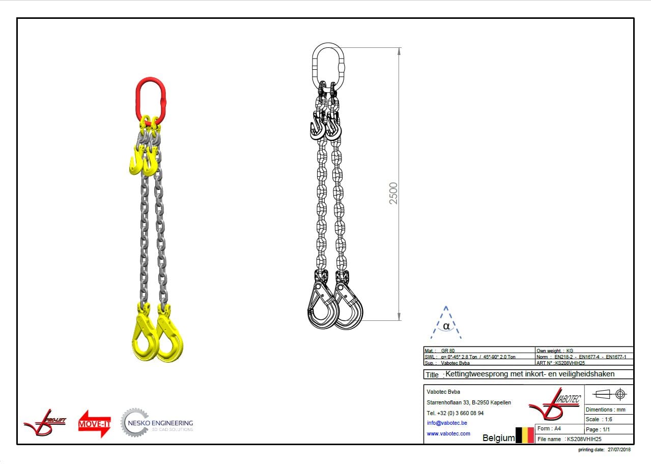 Ketting tweesprong : G80 Voorzien van zelfsluitende haak, veiligheidshaak en inkorthaak 2.5m Dia.8mm