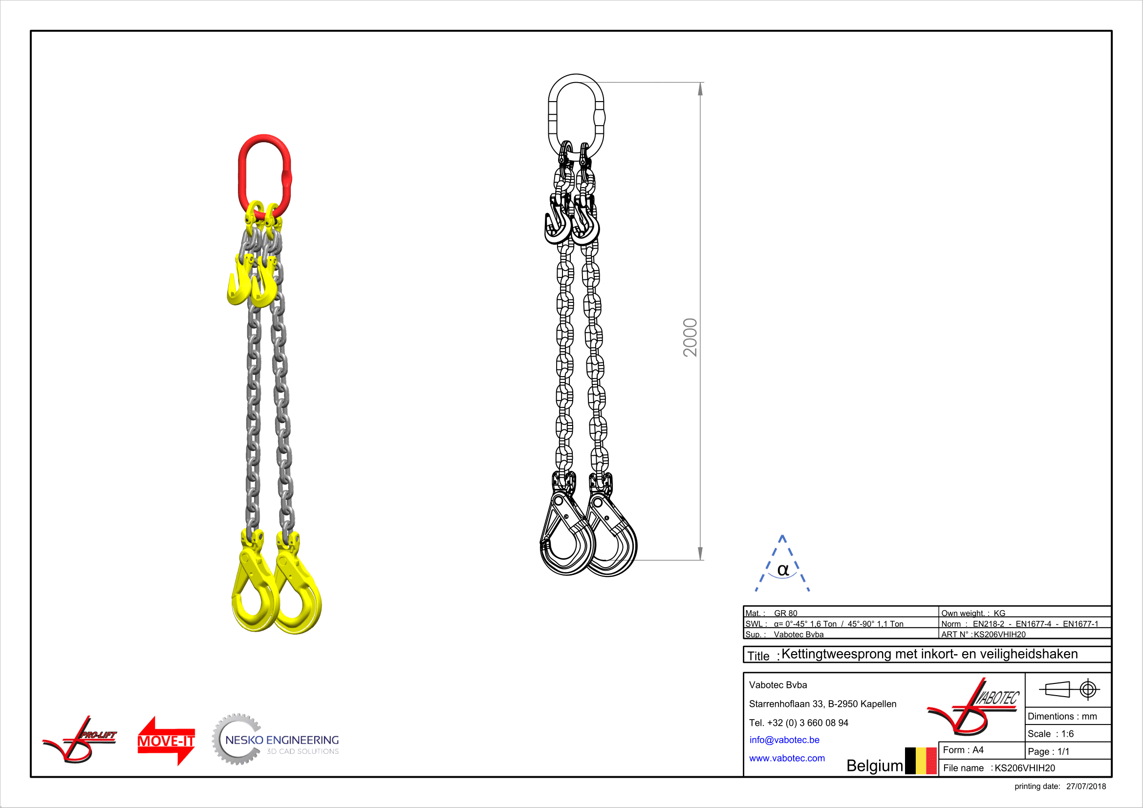 Ketting tweesprong : G80 Voorzien van zelfsluitende haak, veiligheidshaak en inkorthaak, 2m Dia.6mm