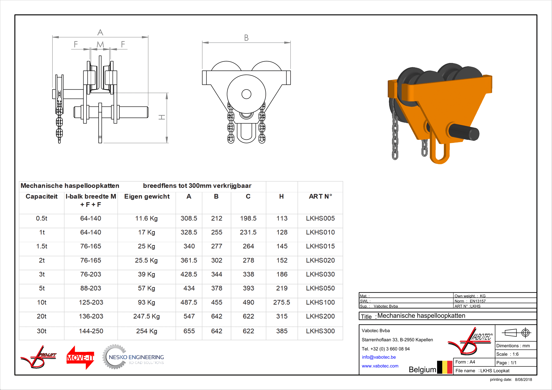 Takel - Haspelloopkat standaard traverseren door middel van een handketting 1000kg 58-128mm